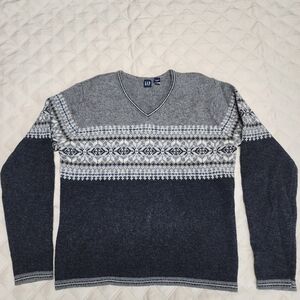 GAP Vintage 1999 Y2K Gray 100% Lamb's Wool Patterned Sweater Small